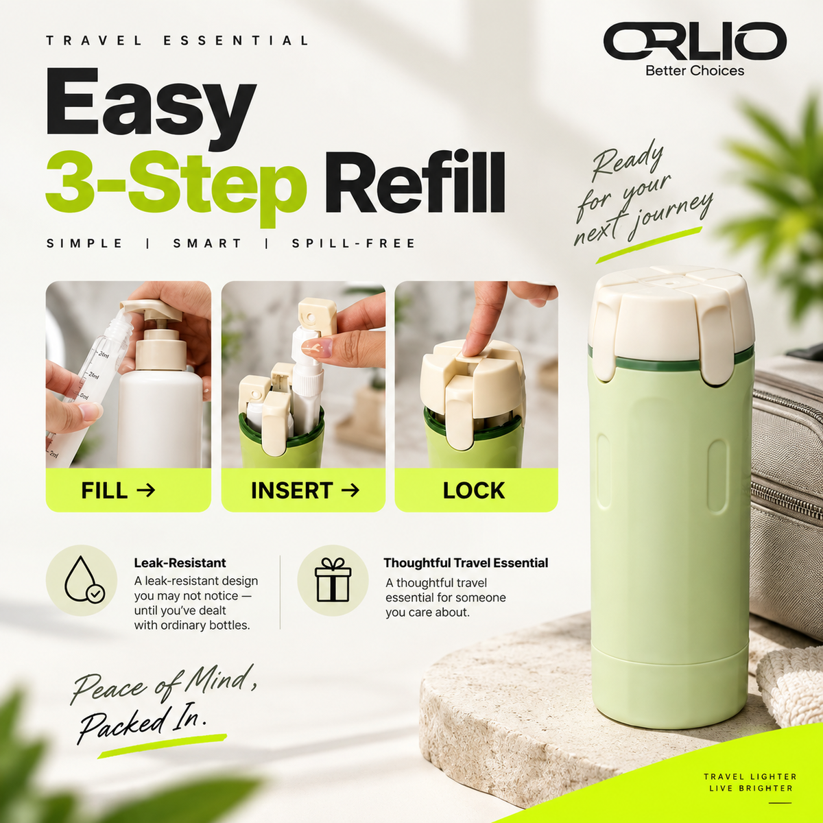 Orlio 4-in-1 Travel Dispenser – Compact Toiletry Bottle for Travel