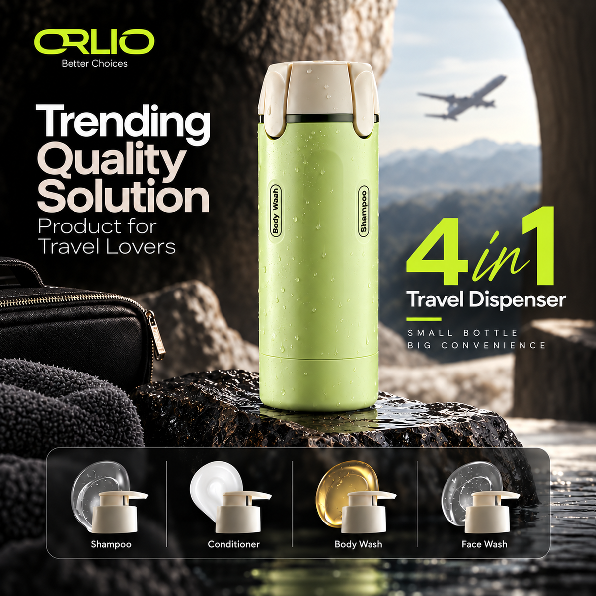 Orlio 4-in-1 Travel Dispenser – Compact Toiletry Bottle for Travel