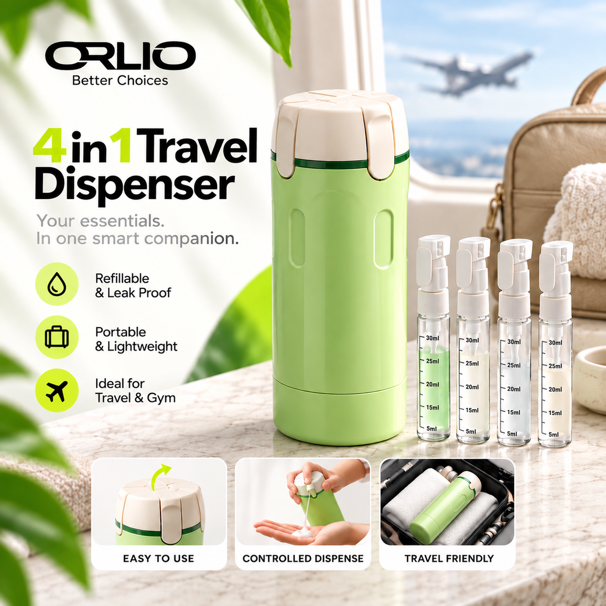 Orlio 4-in-1 Travel Dispenser – Compact Toiletry Bottle for Travel