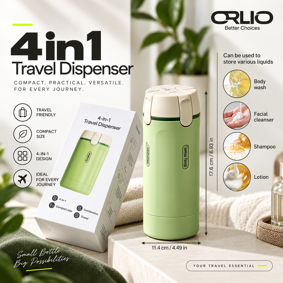 Orlio 4-in-1 Travel Dispenser – Compact Toiletry Bottle for Travel