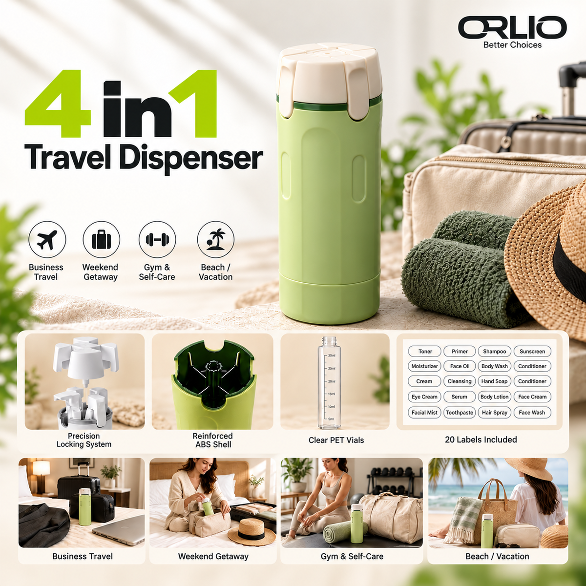 Orlio 4-in-1 Travel Dispenser – Compact Toiletry Bottle for Travel